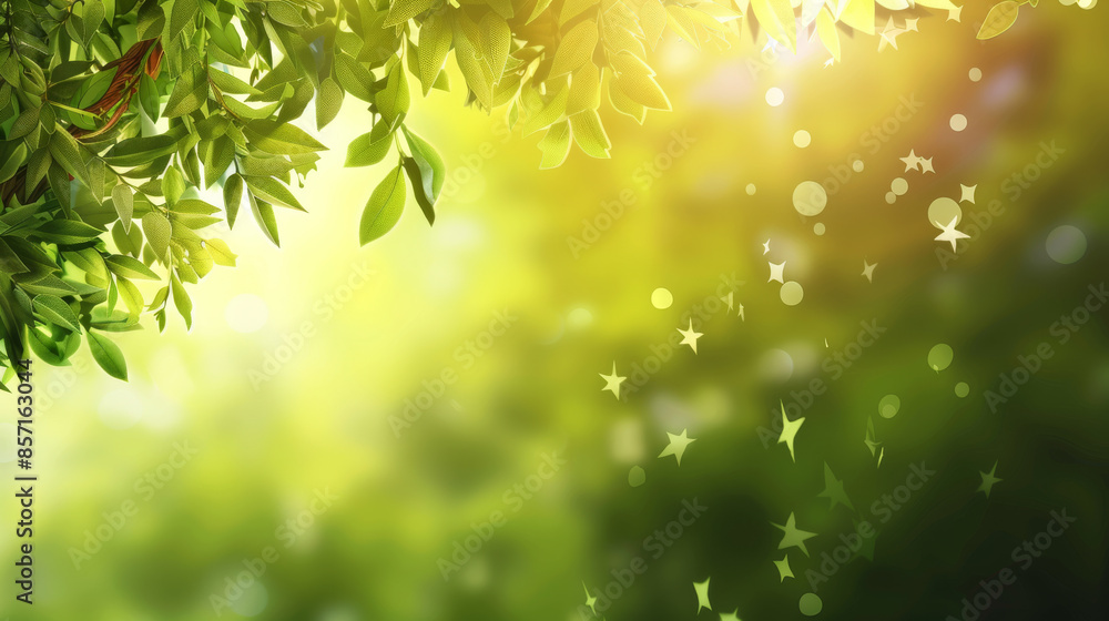 Obraz premium Sun-dappled leafy canopy with magical bokeh of light creating a dreamy, enchanted atmosphere.