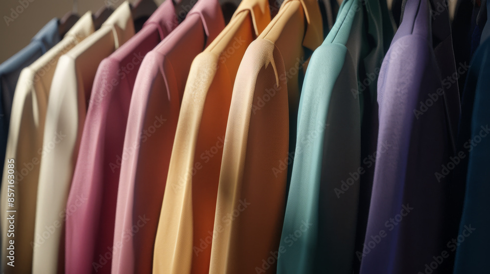 Vibrant pastel-colored coats hang neatly on a rack, showcasing an array of hues in a stylish wardrobe. Vibrant pastel-colored coats hang neatly on a rack, showcasing an array of hues in a stylish wardrobe.