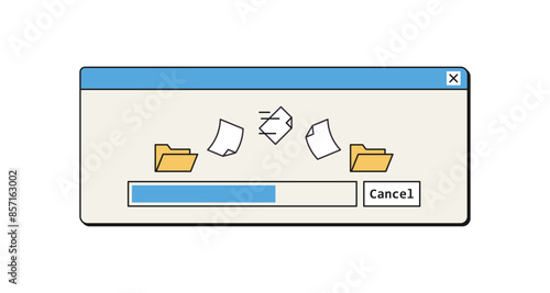 File copy and save process window in retro style, 90s ui design data information, documents moving between computer files, progress isolated flat vector illustration.
