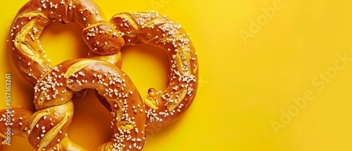 A closeup of a twisted pretzel on a yellow background, photo