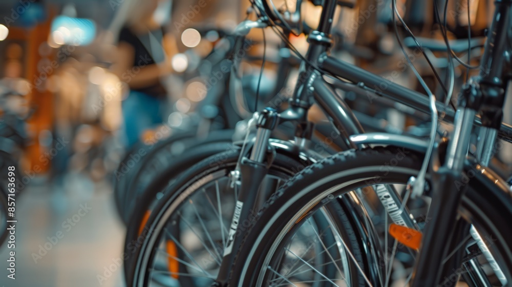 Obraz premium A close-up of bicycles lined up in a store