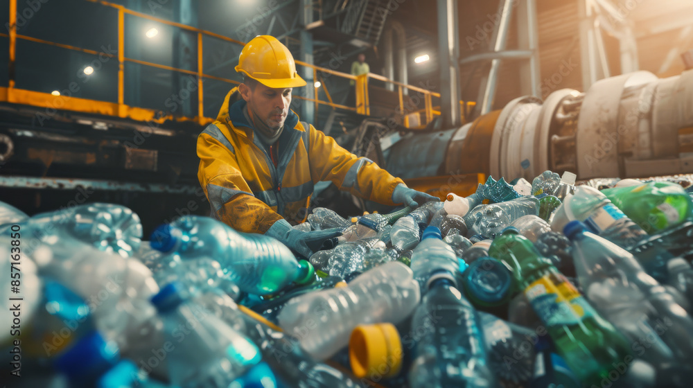 Fototapeta premium A diligent worker in safety gear sorts through plastic bottles in a recycling facility under bright lights, promoting a message of sustainability.