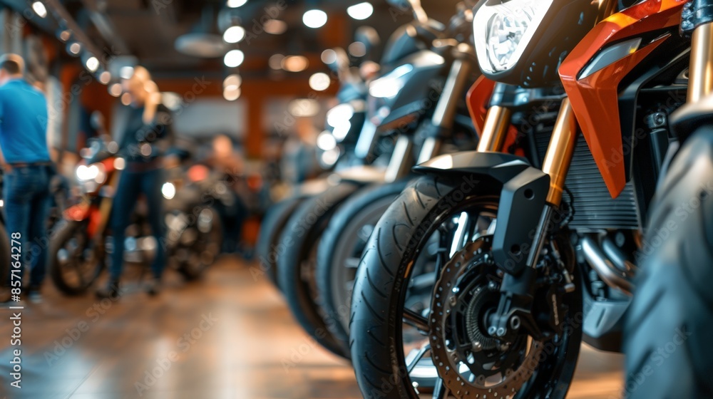 A row of motorcycles on display in a showroom A row of motorcycles on display in a showroom