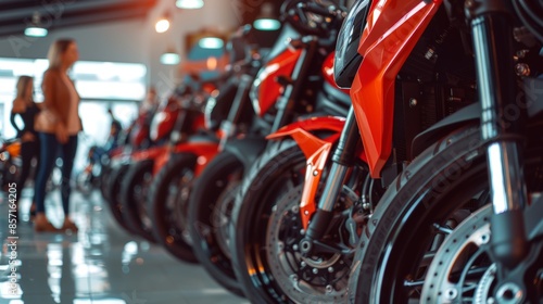 A row of sleek motorcycles at a showroom with a potential customer in the background