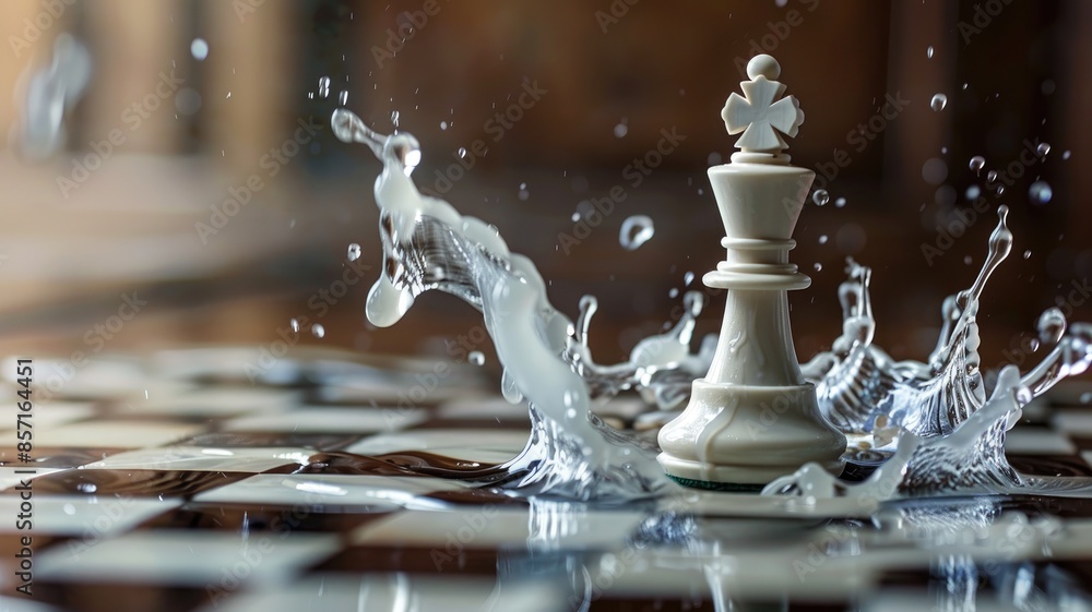 Chessboard with white king splashed by liquid Chessboard with white king splashed by liquid