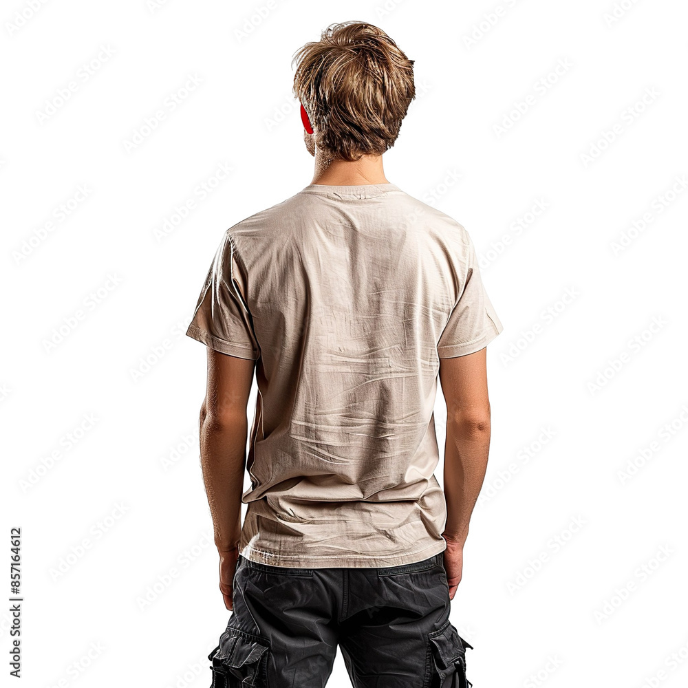 Back view mid body shot of a 25-year-old handsome Caucasian man wearing a beige T-shirt and black cargo shorts isolated on a white transparent background Back view mid body shot of a 25-year-old handsome Caucasian man wearing a beige T-shirt and black cargo shorts isolated on a white transparent background