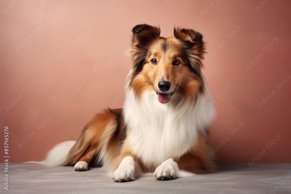 Fototapeta premium Portrait of a cute shetland sheepdog in front of plain cyclorama studio wall