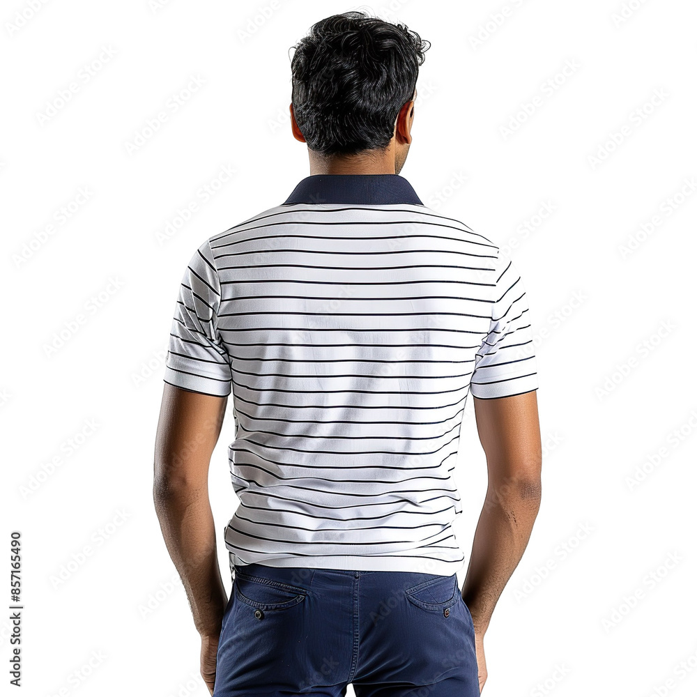 Back view mid body shot of a 25-year-old handsome Indian man wearing a striped polo shirt and navy blue chinos, isolated on a white transparent background Back view mid body shot of a 25-year-old handsome Indian man wearing a striped polo shirt and navy blue chinos, isolated on a white transparent background