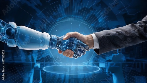  Human leader shaking hands with robot partner, demonstrating the combination of human with AI technology in business innovation.