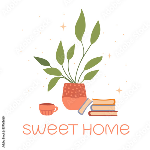 Book stack, flower in pot, cup of tea  vector illustration. Hygge sweet home atmosphere. Print for home plants lovers.