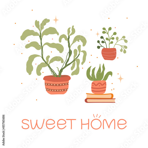 Book stack, flowers in pots vector illustration. Hygge sweet home atmosphere. Print for home plants lovers.