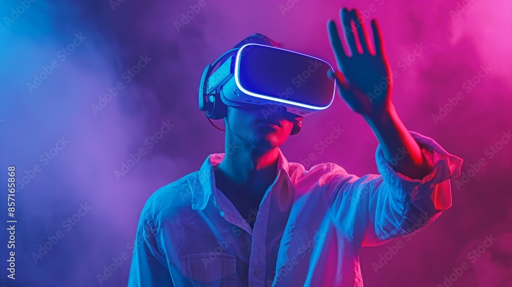 Using virtual reality glasses, a Caucasian man moves to music. Using virtual reality glasses, a Caucasian man moves to music.