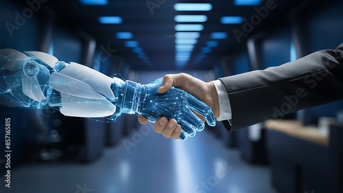  Human leader shaking hands with robot partner, demonstrating the combination of human with AI technology in business innovation.