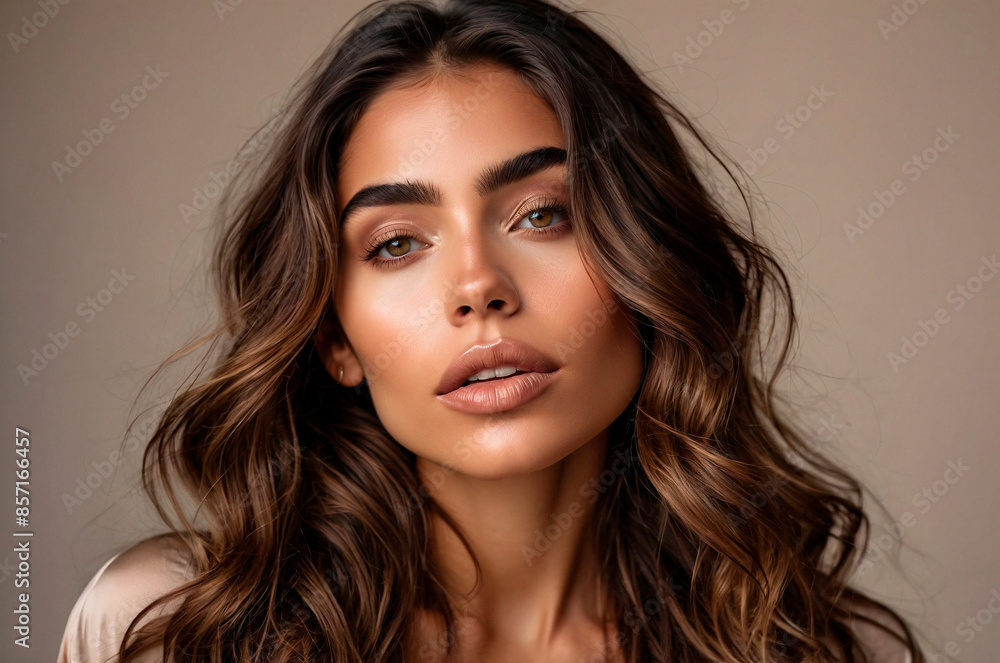 Hispanic Woman with Glowing Skin and Loose Wavy Brown Hair on Light Taupe Background Hispanic Woman with Glowing Skin and Loose Wavy Brown Hair on Light Taupe Background