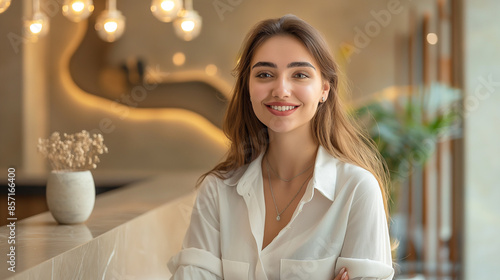 Jovem sorridente sentada em uma elegante recepção de luxo