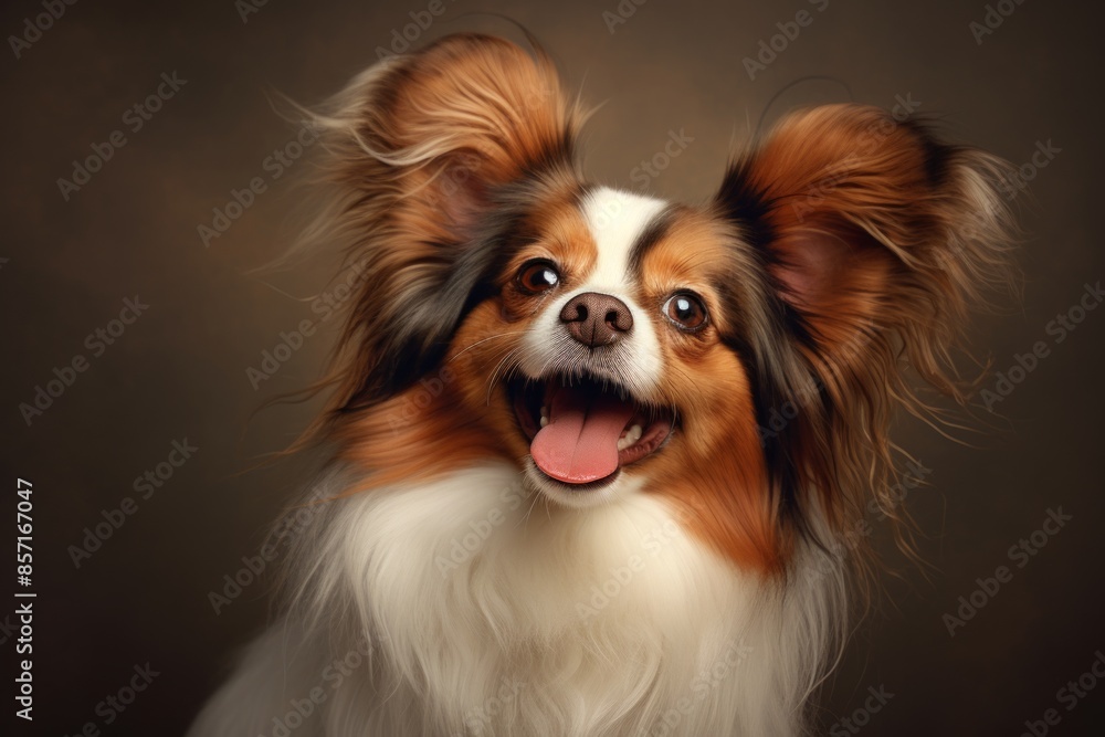 Portrait of a happy papillon dog while standing against plain cyclorama studio wall Portrait of a happy papillon dog while standing against plain cyclorama studio wall