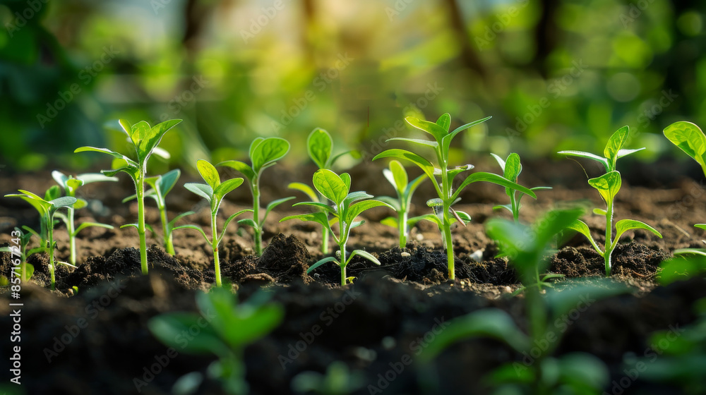 Close-up of vibrant green seedlings sprouting from rich, dark soil, bathed in warm sunlight, symbolizing growth and new beginnings. Close-up of vibrant green seedlings sprouting from rich, dark soil, bathed in warm sunlight, symbolizing growth and new beginnings.