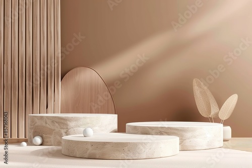 3d room with set of round podium for product display on brown background