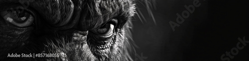 Realistic humanlike bigfoot eyes portrait banner. Black and white Sasquatch face banner with copy space. photo