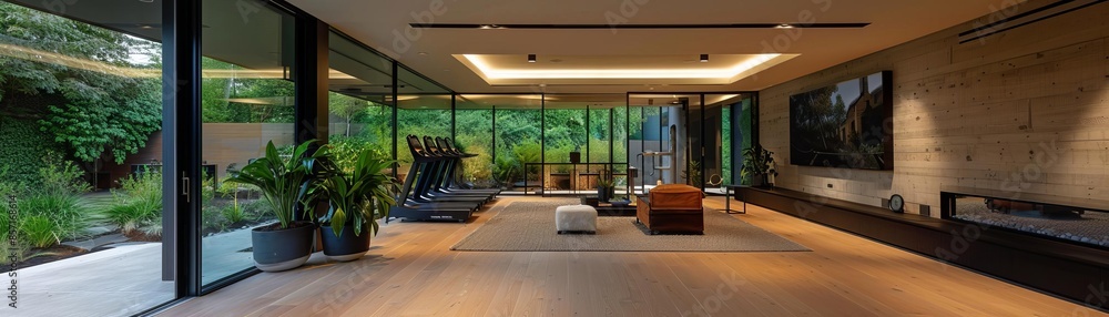Modern living room with large windows and wooden floor, a comfortable sofa, and a TV. Modern living room with large windows and wooden floor, a comfortable sofa, and a TV.