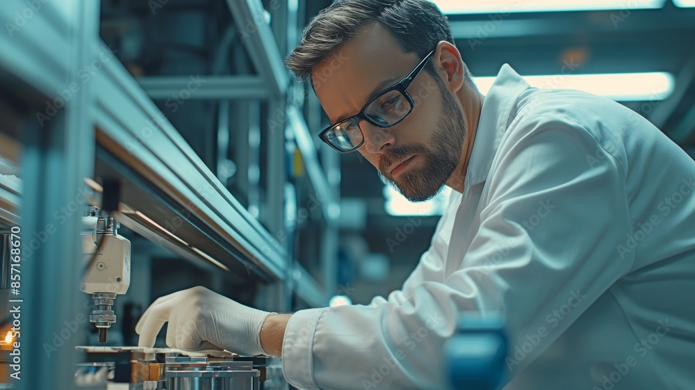 Standing at a robotic machine in a sophisticated factory, a professional industrial worker inspects and works on the production line. Standing at a robotic machine in a sophisticated factory, a professional industrial worker inspects and works on the production line.