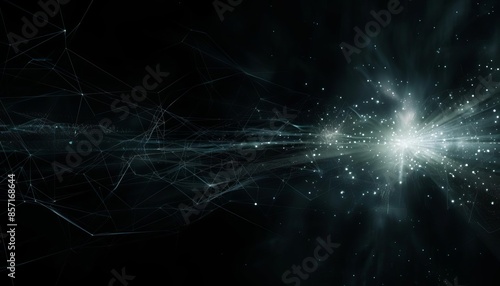 A dark abstract background with a burst of light and network connections