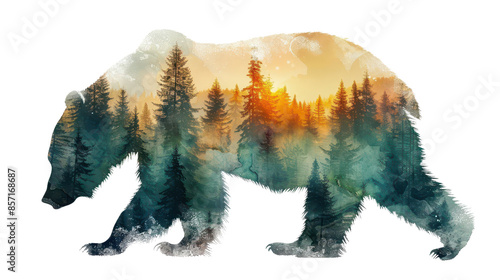 A majestic bear silhouette blends with a misty forest sunrise, creating a mystical and serene landscape.