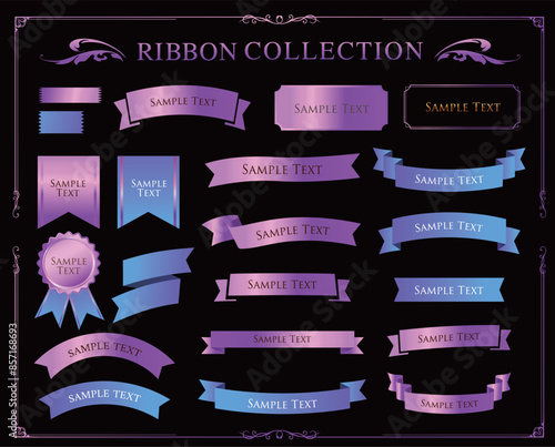 リボンのイラストセット、アンティークなフレーム。装飾デザイン。あしらい