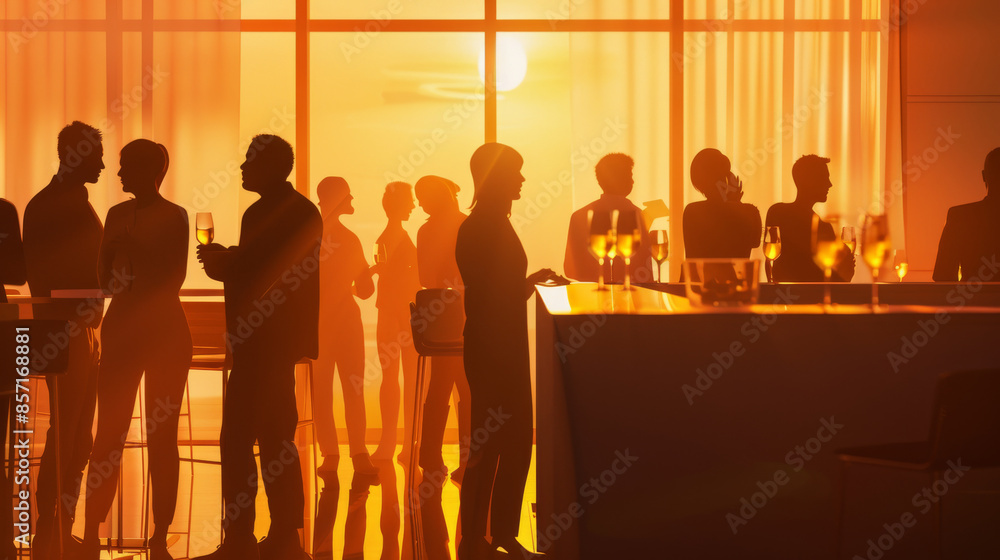 Obraz premium Silhouettes of people socializing at a chic bar during a sunset, with warm, orange light creating an inviting atmosphere.