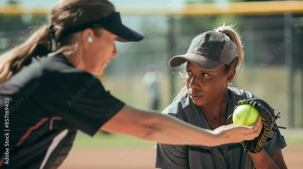 Softball Coach Demonstrating Proper Ball Grip to Young Player on the Field Softball Coach Demonstrating Proper Ball Grip to Young Player on the Field