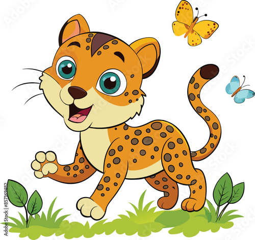 cartoon baby leopard playing with butterflies vector illustration,  cute leopard looking at a butterfly.