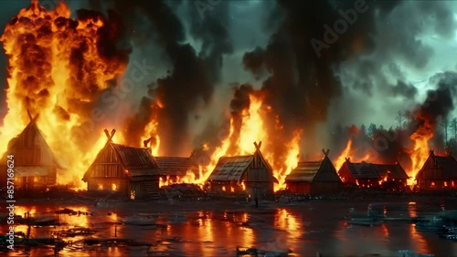 Medieval village under attack by Viking barbarians engulfed in flames. Concept Medieval village, Viking invasion, Flames, Battle, Destruction