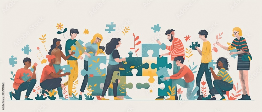 Fototapeta premium In the picture, a variety of ages and races are seen cooperating to put together a puzzle.