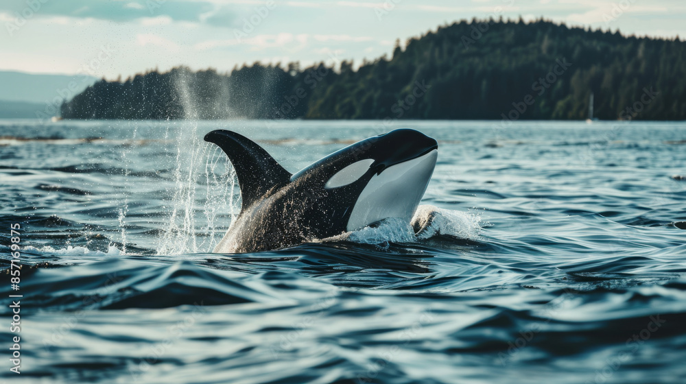 Fototapeta premium An orca gracefully breaches the water against a backdrop of forested coastline and calm waters, demonstrating the majestic beauty of marine life in the wild.