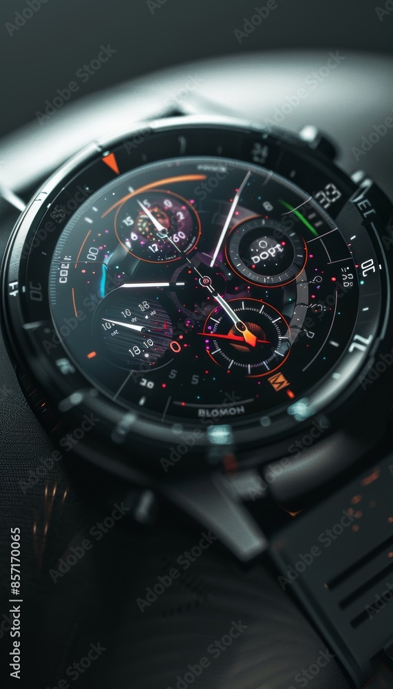 High-Tech Smartwatch Close-Up on Dark Glossy Background for Modern Technology Designs High-Tech Smartwatch Close-Up on Dark Glossy Background for Modern Technology Designs