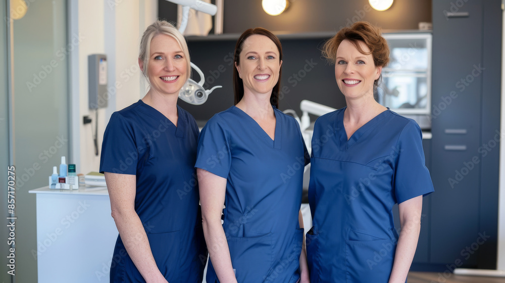 Obraz premium Three dental professionals in blue scrubs stand together in a modern clinic, exuding confidence and readiness to attend patients.