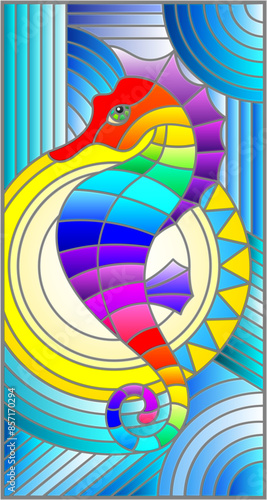 Illustration in stained glass style with fabulous abstract fish seahorse, rainbow fish on blue background