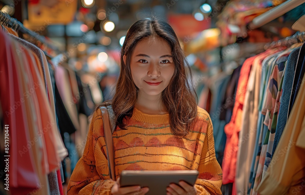 Obraz premium The owner of a young, fashionable, hipster Asian fashion store uses a digital tablet to check the supply of clothing or package boxes on the rail rack at her home office small SME.