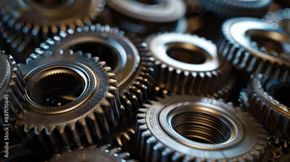 A close-up of shiny, interlocking metal gears displays the precision and complexity of mechanical engineering. A close-up of shiny, interlocking metal gears displays the precision and complexity of mechanical engineering.