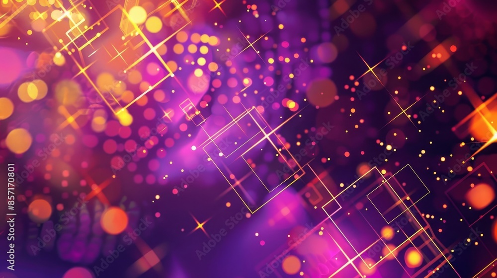 Neon purple and gold background with geometric patterns light points and hearts background Neon purple and gold background with geometric patterns light points and hearts background