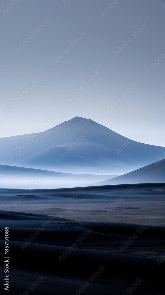 Minimalist landscape with a single mountain peak against a hazy blue sky. Minimalist landscape with a single mountain peak against a hazy blue sky.