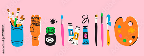 Various art tools, supplies, equipment. Mannequins hand, ink, brush kit, pencil, paint palette, oil tube paint. Hand drawn Vector illustration. Isolated elements