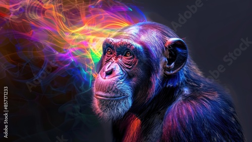 Wallpaper Mural Chimpanzee with colorful, psychedelic light trails, dark background Torontodigital.ca
