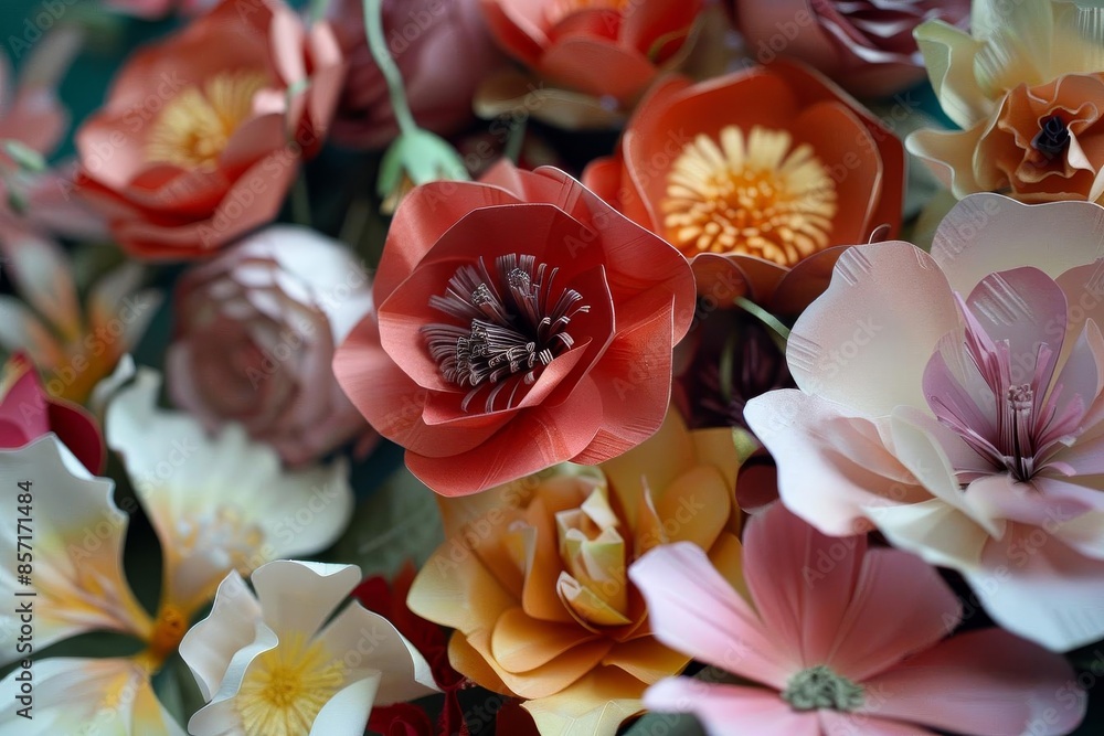 A detailed view of a bouquet of paper flowers A detailed view of a bouquet of paper flowers