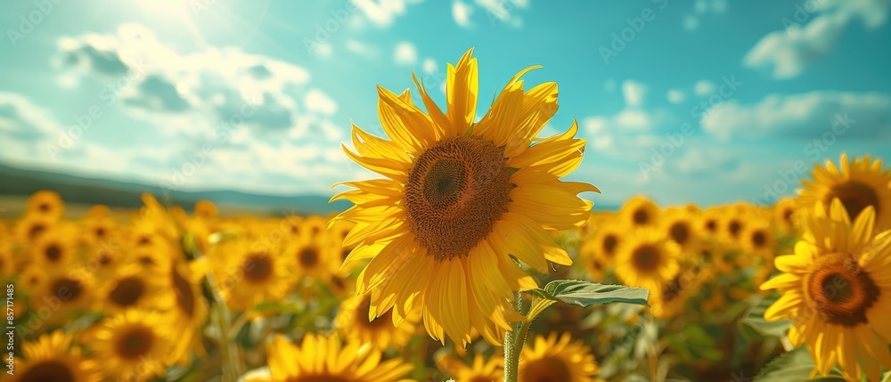 Fototapeta premium background of a beautiful sunflower field, with bright yellow blooms under a blue sky, perfect for summer themes