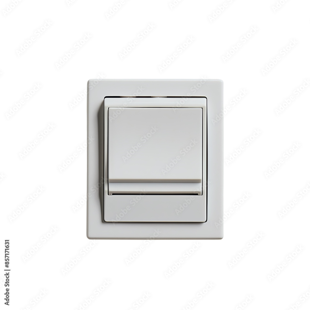 Minimalistic white plastic electrical light switch on a white background. Modern home or office interior detail and design element. Minimalistic white plastic electrical light switch on a white background. Modern home or office interior detail and design element.