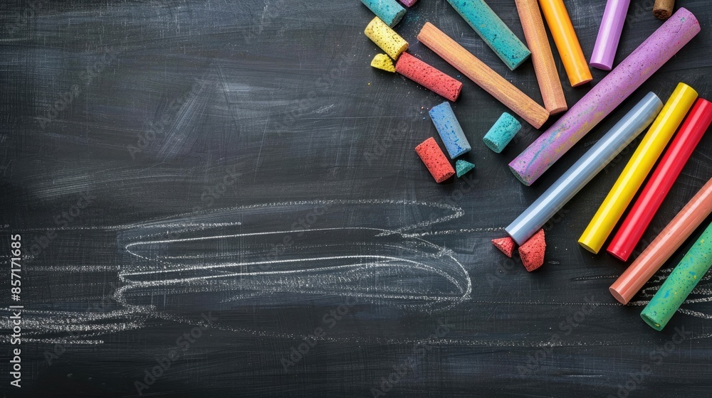 Variety of chalks and office supplies on blank chalkboard Variety of chalks and office supplies on blank chalkboard