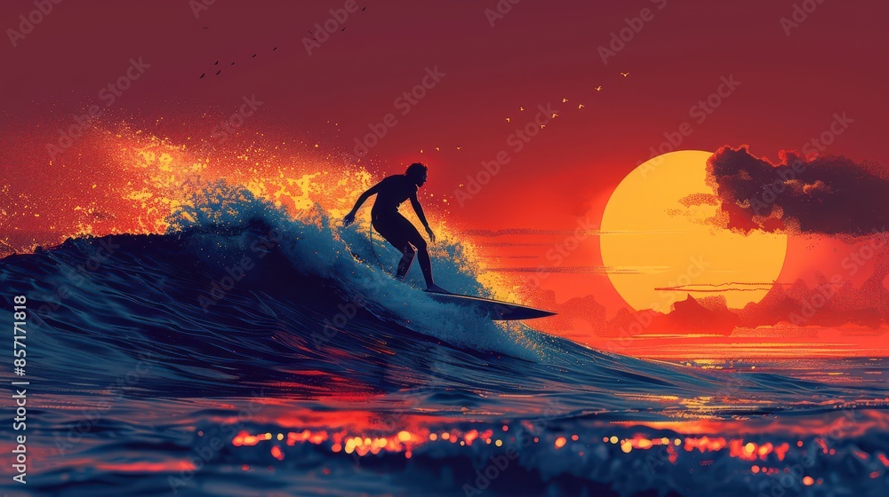 Obraz premium A surfer catching a wave at dawn, minimal style, illustration background