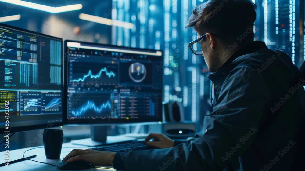 A man analyzes detailed market data on multiple monitors in a futuristic, dimly lit office with a focus on intricate graphs. A man analyzes detailed market data on multiple monitors in a futuristic, dimly lit office with a focus on intricate graphs.