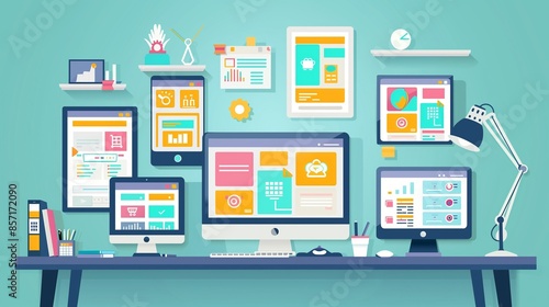 A sleek desk setup with multiple devices showing various stages of mobile app development, including UI mockups, design prototypes, and interactive elements.